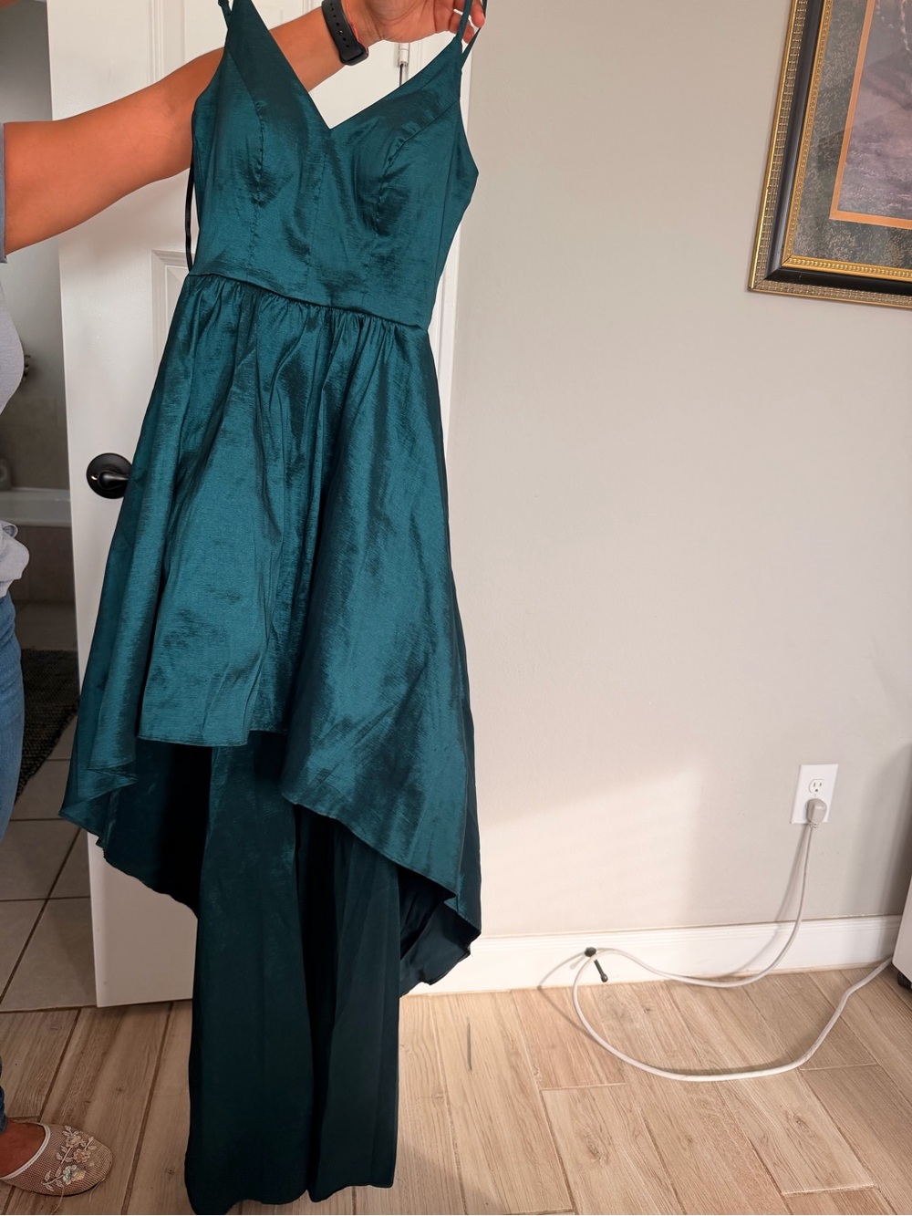 B. Smart Teal Satin Dress with V-Neck